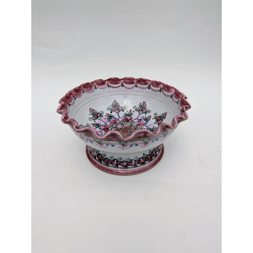 Original Keck Keramik Germany Hand Painted Pottery Rare Pink Footed Bowl Floral